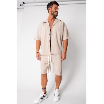 Set camasa maneca scurta Oversized si pantalon scurt Beige 16759