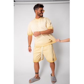 Set tricou si pantalon scurt cu efect distressed Light Yellow 16986