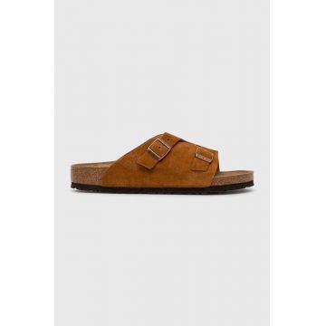 Birkenstock papuci din piele Zürich barbati, culoarea maro, 1023842