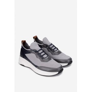 Pantofi barbati gri cu negru din piele si material textil