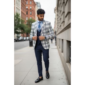 Sacou barbati slim fit alb in carouri  715  37-5