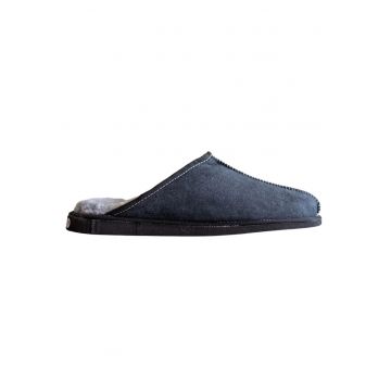 Papuci barbati  lana naturala - piele - albastru - talpa din cauciuc - set de interior-exterior -