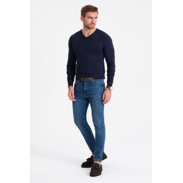 Pulover slim fit cu decolteu in V - Bleumarin
