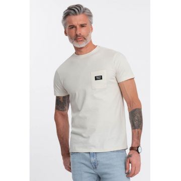 Tricou cu decolteu la baza gatului si buzunar pe piept - Alb fildes