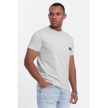 Tricou cu decolteu la baza gatului si buzunar pe piept - Gri deschis