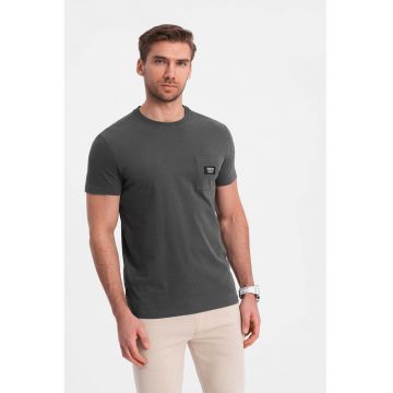 Tricou cu decolteu la baza gatului si buzunar pe piept - Gri inchis