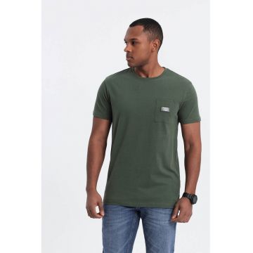 Tricou cu decolteu la baza gatului si buzunar pe piept - Verde inchis