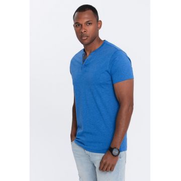Tricou cu model uni si decolteu henley - Albastru royal