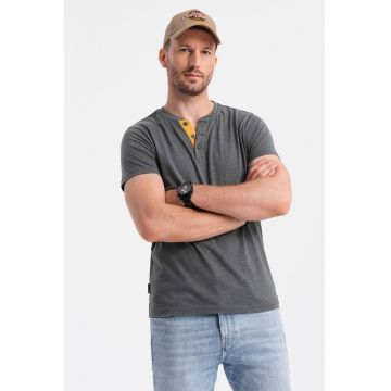 Tricou cu model uni si decolteu henley - Gri inchis