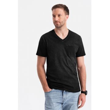 Tricou din bumbac cu decolteu in V si buzunar pe piept - Negru stins