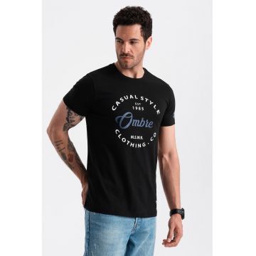 Tricou regular fit cu decolteu la baza gatului si imprimeu - Negru