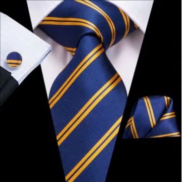 Set cravata albastra + batista + butoni - matase -- model 835