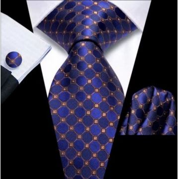 Set cravata albastra + batista + butoni - matase -- model 836