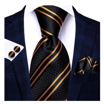 Set cravata neagra cu auriu + batista + butoni - matase - model 188