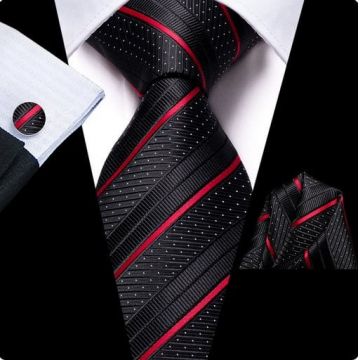 Set cravata neagra cu rosu + batista + butoni - matase - model 740