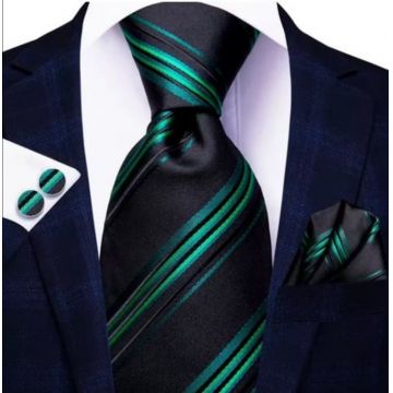 Set cravata negru cu verde + batista + butoni - matase -- model 834