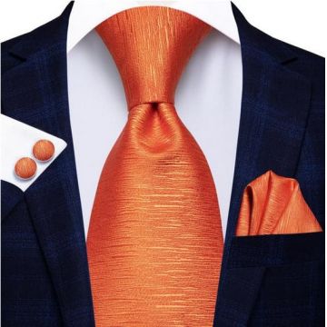 Set cravata portocalie / orange + batista + butoni - matase - model 400