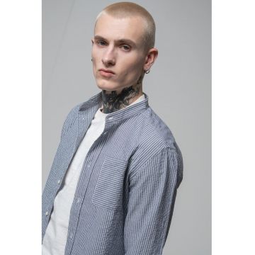 Camasa de bumbac cu guler Mao - Alb/Bleumarin