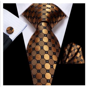 Set cravata aurie cu negru + batista + butoni - matase - model 191