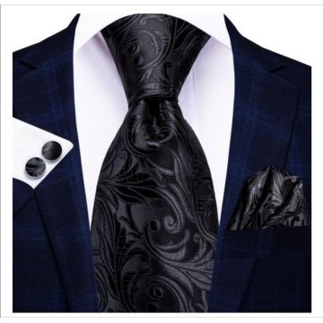 Set cravata neagra + batista + butoni - matase - model 39