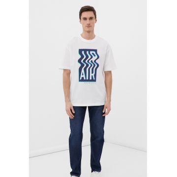 Tricou din bumbac cu imprimeu si decolteu la baza gatului