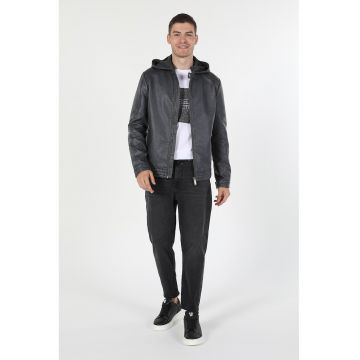 Jacheta slim fit de piele ecologica cu gluga - Gri inchis