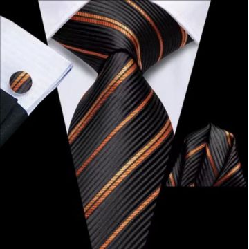 Set cravata neagra cu auriu + batista + butoni - matase -- model 853