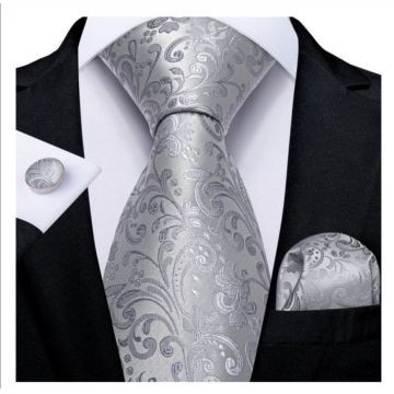 Set cravata argintie + batista + butoni - matase - model 151