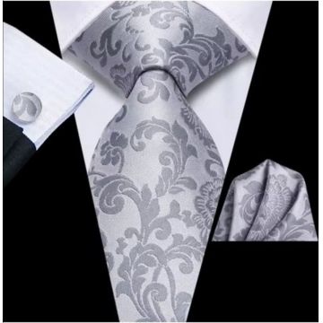 Set cravata argintie + batista + butoni - matase -- model 855