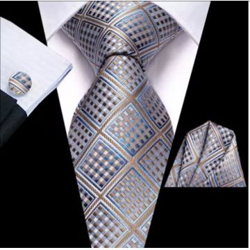 Set cravata gri argintie + batista + butoni - matase -- model 857