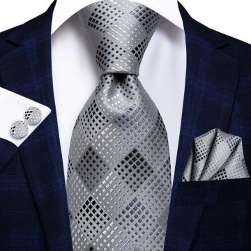 Set cravata gri + batista + butoni - matase - model 219