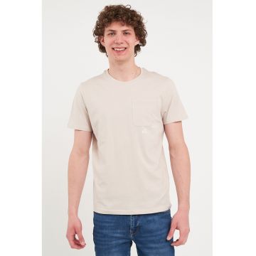 Tricou cu decolteu la baza gatului si buzunar pe piept - Crem