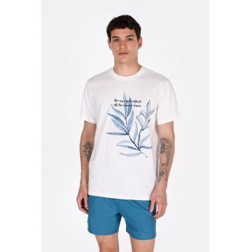 Tricou din bumbac cu model text si frunze