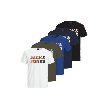 Set de tricouri de bumbac cu imprimeu logo - 5 piese - Alb/Negru/Albastru