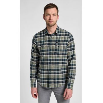Camasa  Regular - carouri verde si ecru - bumbac elastic - doua buzunare