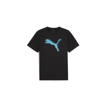 Tricou cu imprimeu logo si decolteu la baza gatului - Negru stins/Albastru deschis