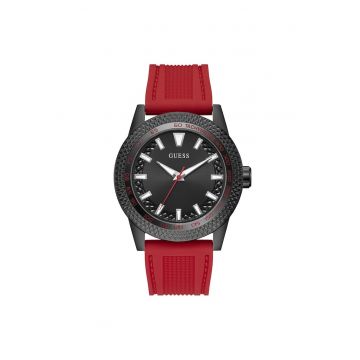Ceas sportiv barbati  carcasa otel 46 mm - curea silicon rosie - rezistent la apa 5 ATM - culoare neagra