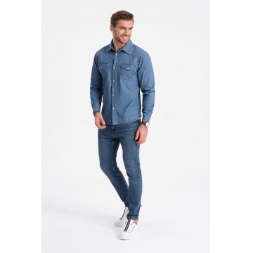 Camasa din material chambray cu capse - Albastru pastel