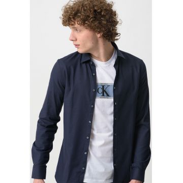 Camasa slim fit din amestec de bumbac organic - Albastru indigo
