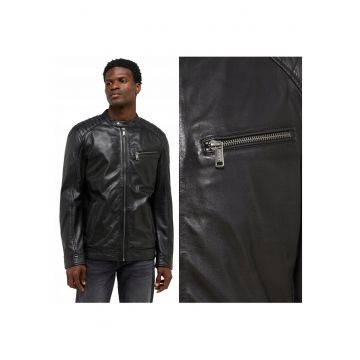Geaca Barbati Din Piele -  Model BIKER JACKET - Croiala Clasica Regular Fit - Fermoar - 100% Piele Moale De Miel - Stil Moto - 3 Buzunare - Buna Pentru Toamna Si Primavara - Marimea L - Negru