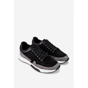 Pantofi barbati din piele neagra cu gri