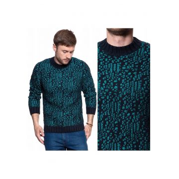 Pulover Barbati -  Model JACQUARD KNIT - Croiala Clasica Regular Fit - Fara Inchidere - Cu Bumbac Si Acril - Calduros Si Comod - Model Decorativ - Bun Pentru Fiecare Zi Si Zile Reci - Marimea XL - Albastru/Verde