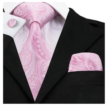 Set cravata roz + batista + butoni - matase - model 243