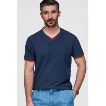 Tricou din bumbac cu decolteu in V - Bleumarin