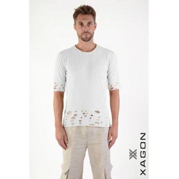 Tricou regular fit cu detalii damage la maneci si talie