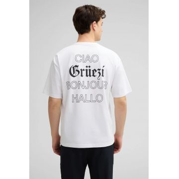 Tricou regular fit cu print logo frontal - Alb