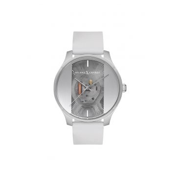 Ceas barbatesc  MEX3233 - curea silicon alba - carcasa rotunda argintie