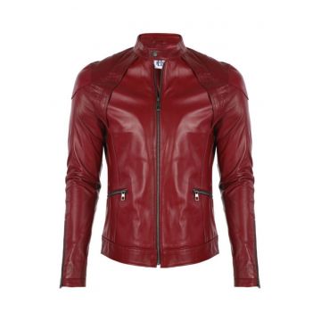 Geaca de motociclist din piele pentru barbati  visinie - XL -