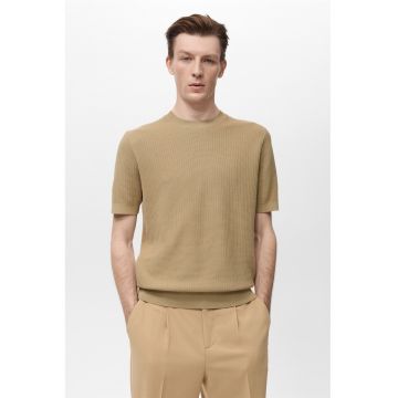 Tricou de bumbac cu decolteu la baza gatului - Maro deschis -