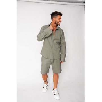 Set Lino 100% In camasa si pantalon scurt Dark Olive 17950